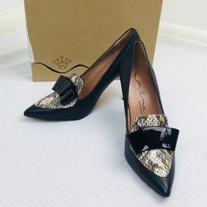 Nina Black Tuxedo Bow and Snakeskin High Heels